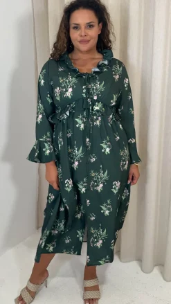 CurveWow Ruffle Button Front Flare Sleeve Midi Dress Green Floral
