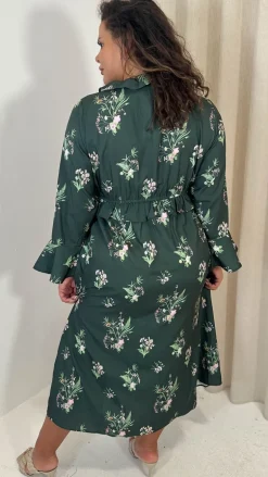 CurveWow Ruffle Button Front Flare Sleeve Midi Dress Green Floral