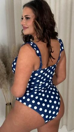 CurveWow Ruffle Printed Strap Swimsuit Navy/Polka
