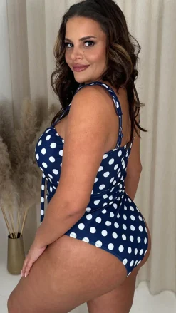 CurveWow Ruffle Printed Strap Swimsuit Navy/Polka