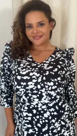 CurveWow Ruffle Shoulder V Neck Midi Dress Mono Smudge