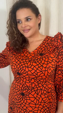 CurveWow Ruffle Shoulder V Neck Midi Dress Rust Grid