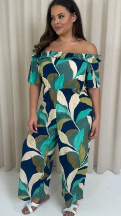 CurveWow Ruffle Wide Leg Jumpsuit Blue/Green Leaf