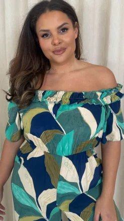 CurveWow Ruffle Wide Leg Jumpsuit Blue/Green Leaf