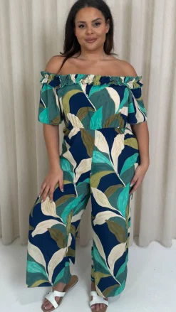 CurveWow Ruffle Wide Leg Jumpsuit Blue/Green Leaf