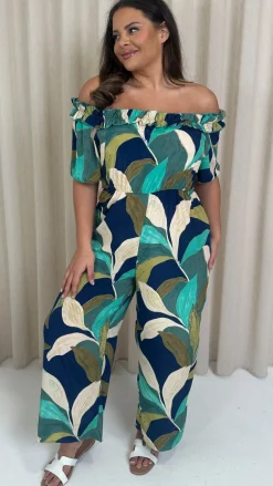 CurveWow Ruffle Wide Leg Jumpsuit Blue/Green Leaf