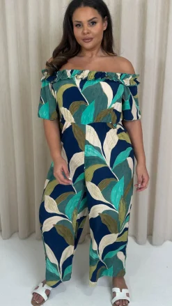 CurveWow Ruffle Wide Leg Jumpsuit Blue/Green Leaf
