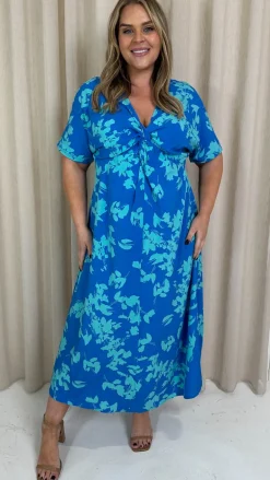 CurveWow Satin Knot Front Maxi Dress Blue Floral