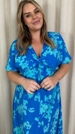 CurveWow Satin Knot Front Maxi Dress Blue Floral