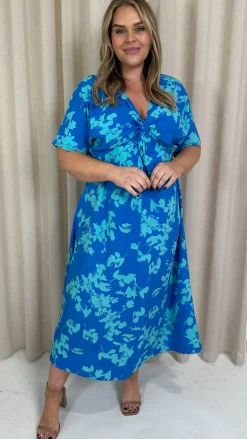 CurveWow Satin Knot Front Maxi Dress Blue Floral