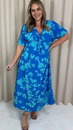 CurveWow Satin Knot Front Maxi Dress Blue Floral