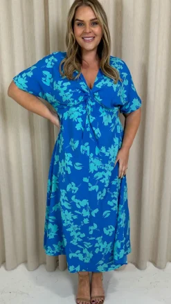 CurveWow Satin Knot Front Maxi Dress Blue Floral