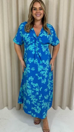 CurveWow Satin Knot Front Maxi Dress Blue Floral
