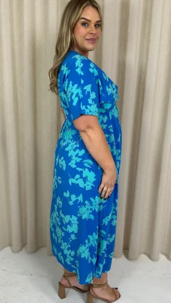CurveWow Satin Knot Front Maxi Dress Blue Floral