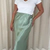 CurveWow Satin Midi Skirt Sage