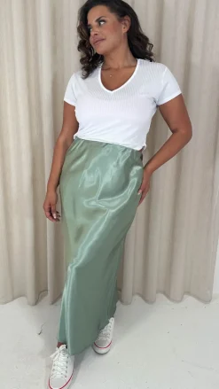 CurveWow Satin Midi Skirt Sage
