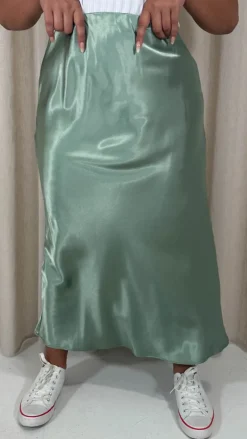CurveWow Satin Midi Skirt Sage