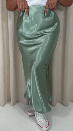 CurveWow Satin Midi Skirt Sage