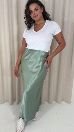 CurveWow Satin Midi Skirt Sage