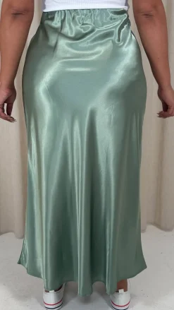 CurveWow Satin Midi Skirt Sage