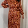 CurveWow Satin Tie Waist Midi Dress Orange Leopard
