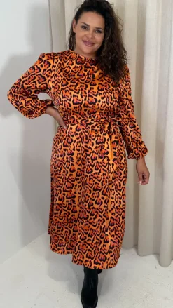 CurveWow Satin Tie Waist Midi Dress Orange Leopard