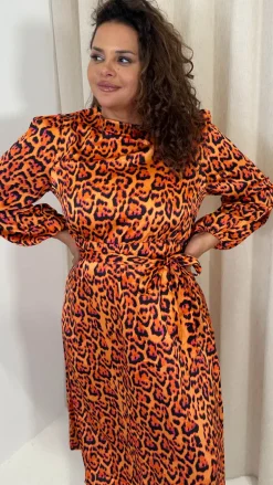 CurveWow Satin Tie Waist Midi Dress Orange Leopard