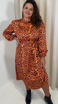CurveWow Satin Tie Waist Midi Dress Orange Leopard