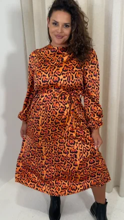 CurveWow Satin Tie Waist Midi Dress Orange Leopard