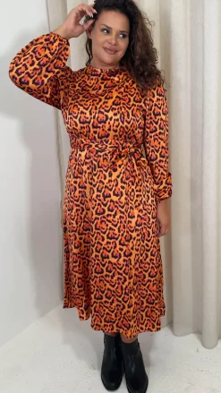 CurveWow Satin Tie Waist Midi Dress Orange Leopard