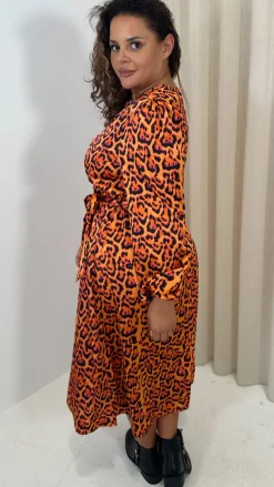 CurveWow Satin Tie Waist Midi Dress Orange Leopard