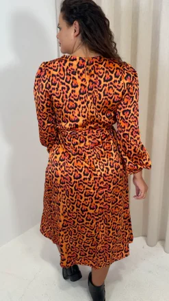 CurveWow Satin Tie Waist Midi Dress Orange Leopard
