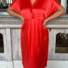 CurveWow Satin Twist Collared Dress Red