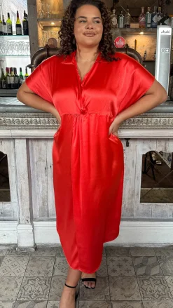CurveWow Satin Twist Collared Dress Red