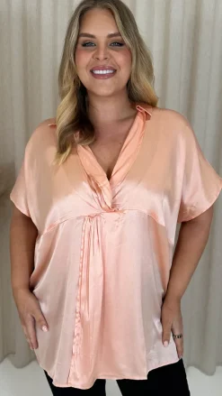 CurveWow Satin Twist Collared Top Champagne