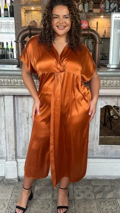 CurveWow Satin Twist Collared Dress Coffee