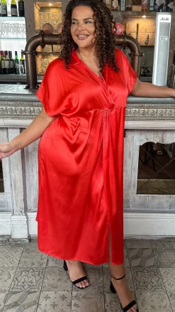 CurveWow Satin Twist Collared Dress Red