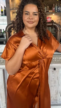 CurveWow Satin Twist Collared Dress Coffee