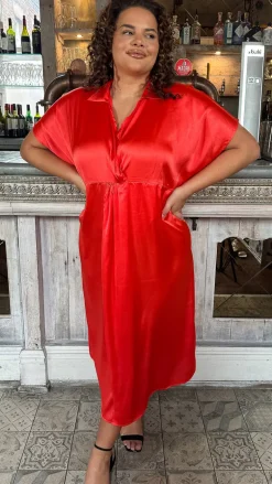 CurveWow Satin Twist Collared Dress Red