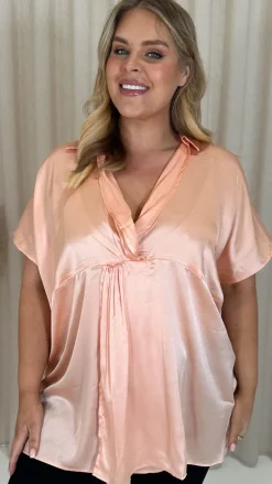 CurveWow Satin Twist Collared Top Champagne