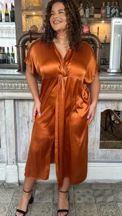 CurveWow Satin Twist Collared Dress Coffee