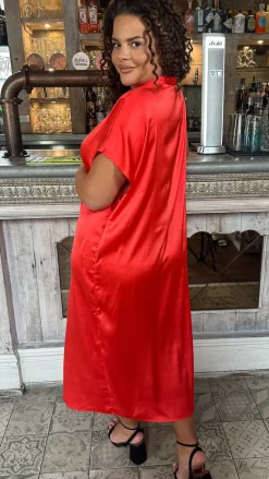 CurveWow Satin Twist Collared Dress Red