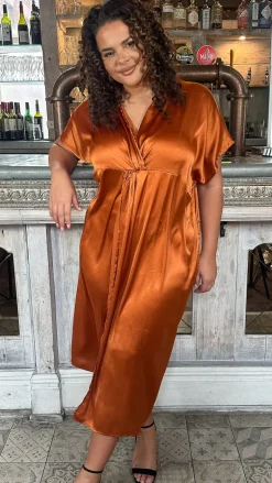 CurveWow Satin Twist Collared Dress Coffee