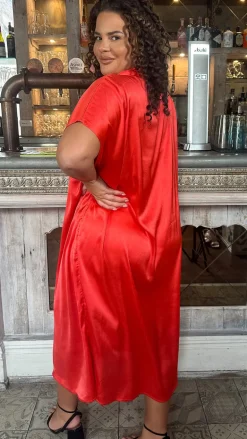 CurveWow Satin Twist Collared Dress Red