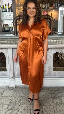 CurveWow Satin Twist Collared Dress Coffee