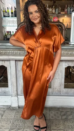 CurveWow Satin Twist Collared Dress Coffee