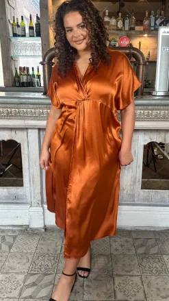 CurveWow Satin Twist Collared Dress Coffee