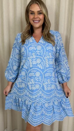 CurveWow Schiffli Frill Hem Dress Blue