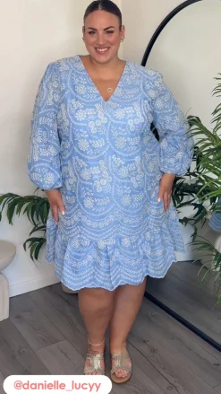 CurveWow Schiffli Frill Hem Dress Blue