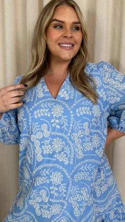 CurveWow Schiffli Frill Hem Dress Blue